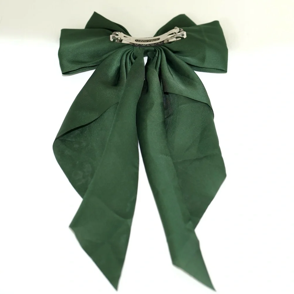 Elegant Dark‎ Green Satin Bow Barrette Hair Accessory